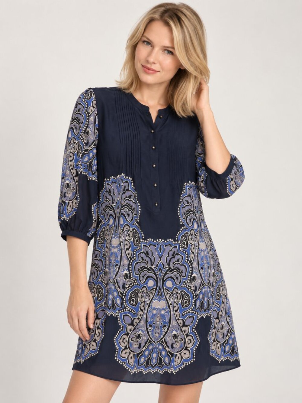 Banana Republic Navy Silk Paisley Print Shift Dress Pintuck 3/4 Sleeve Size S